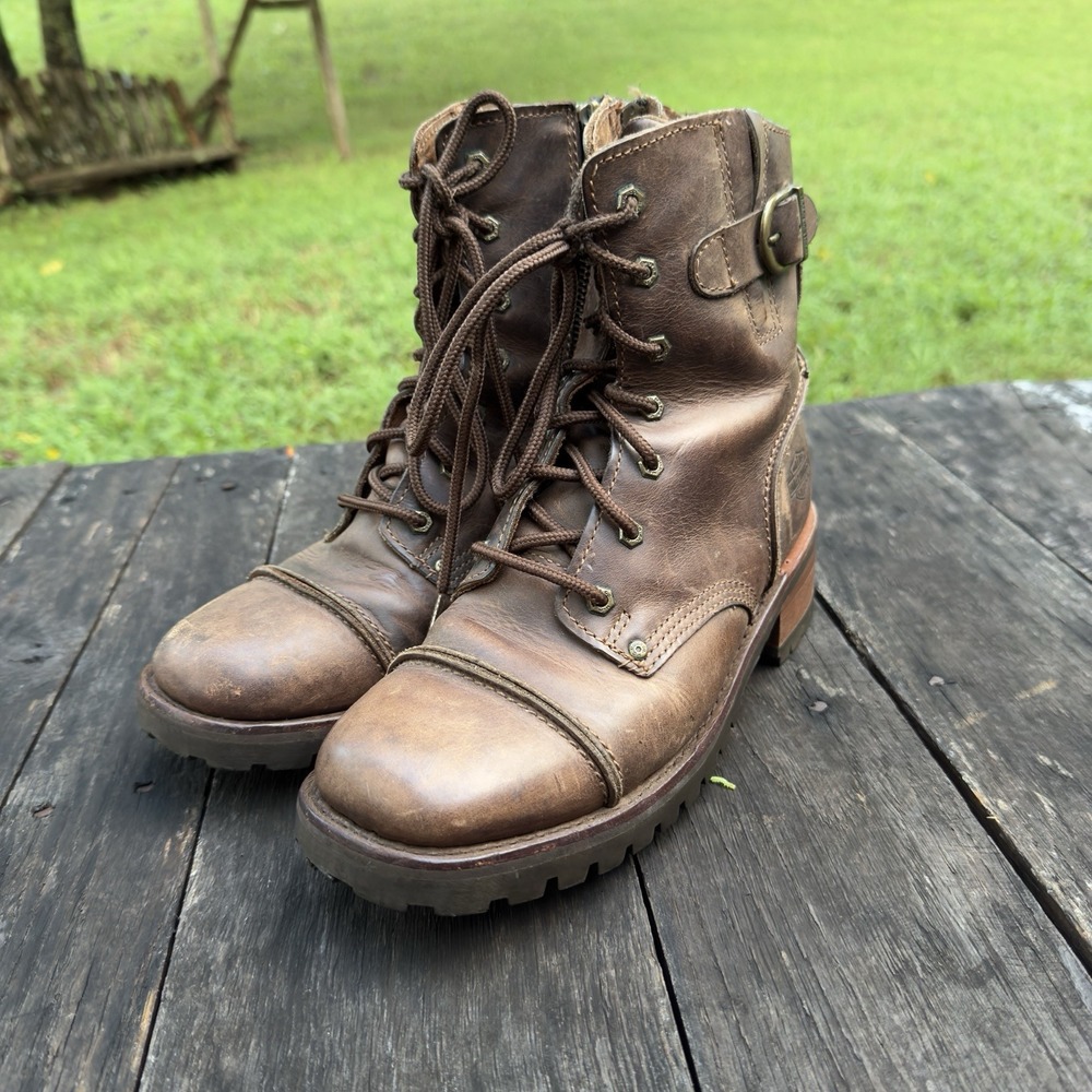 Harley Davidson Women's Brown Leather Boots Size‎ 8 Lace Up Zip Up 84036